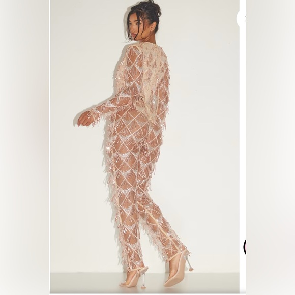 PrettyLittleThing Rose Gold Tassel Sequin Plunge Jumpsuit US 4 - Picture 2 of 11